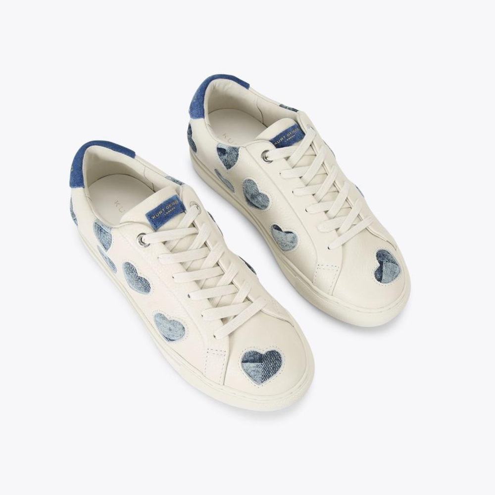 Kurt Geiger Lane Love Cream Leather Sneakers with Blue Denim Heart Accents